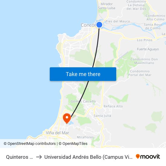 Quinteros / Sur to Universidad Andrés Bello (Campus Viña Del Mar) map