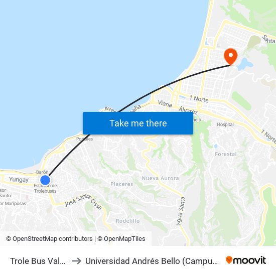 Trole Bus Valparaiso to Universidad Andrés Bello (Campus Viña Del Mar) map