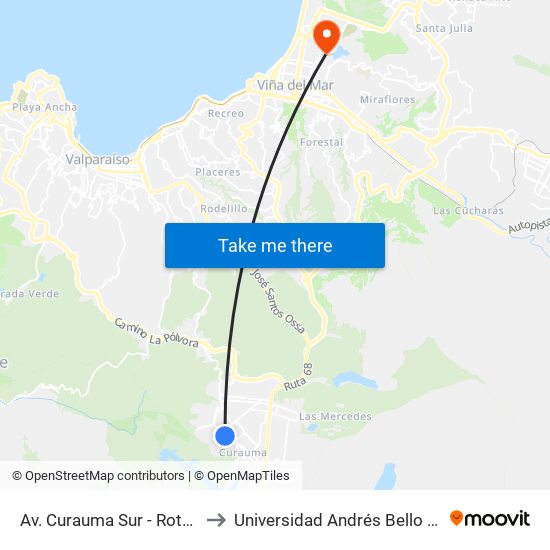 Av. Curauma Sur - Rotonda Obispo Valdes to Universidad Andrés Bello (Campus Viña Del Mar) map