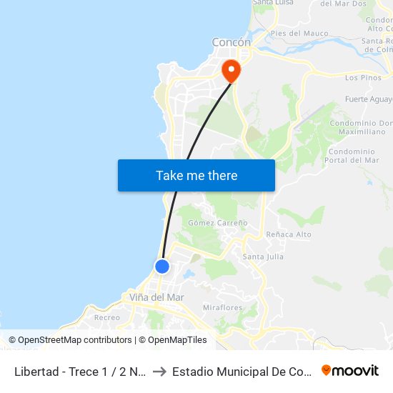 Libertad - Trece 1 / 2 Norte to Estadio Municipal De Concón map