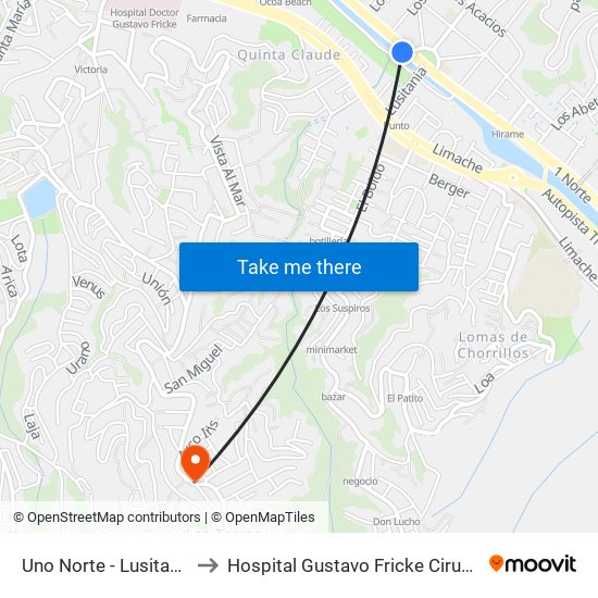 Uno Norte - Lusitania to Hospital Gustavo Fricke Cirugia map