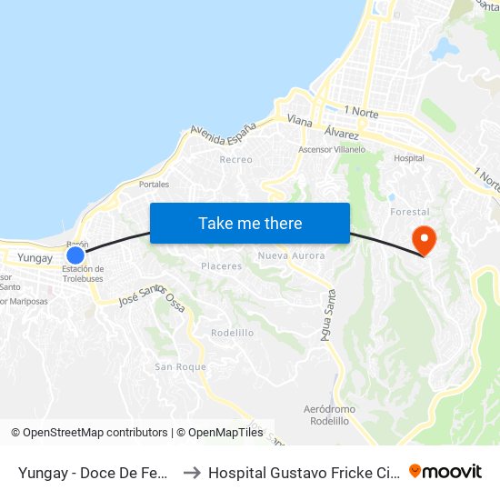 Yungay - Doce De Febrero to Hospital Gustavo Fricke Cirugia map