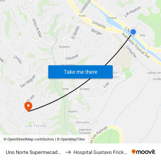 Uno Norte Supermecado Jumbo to Hospital Gustavo Fricke Cirugia map