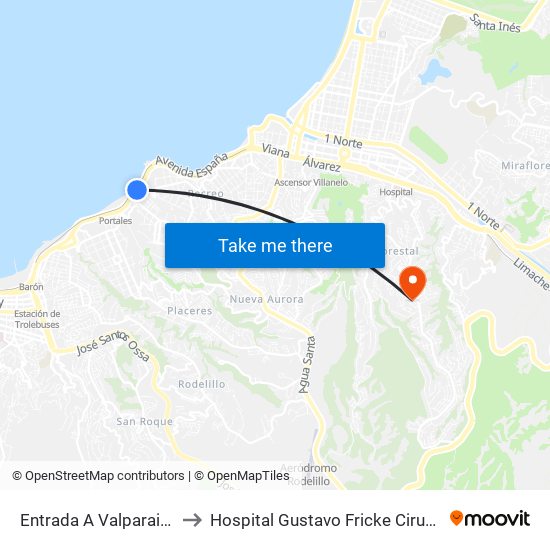 Entrada A Valparaiso to Hospital Gustavo Fricke Cirugia map