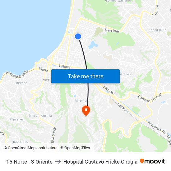 15 Norte - 3 Oriente to Hospital Gustavo Fricke Cirugia map