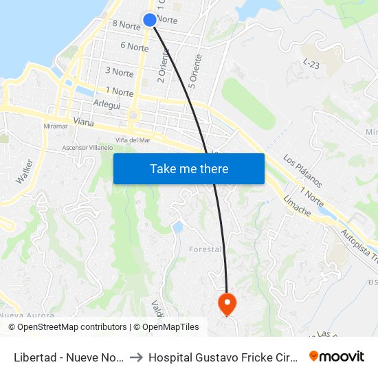 Libertad - Nueve Norte to Hospital Gustavo Fricke Cirugia map