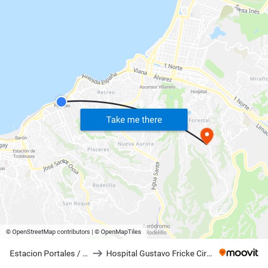 Estacion Portales / Sur to Hospital Gustavo Fricke Cirugia map