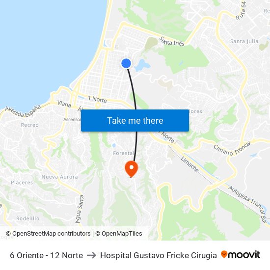 6 Oriente - 12 Norte to Hospital Gustavo Fricke Cirugia map