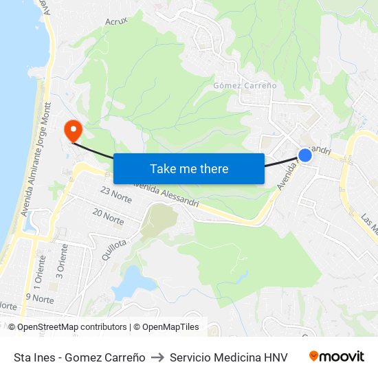 Sta Ines - Gomez Carreño to Servicio Medicina HNV map