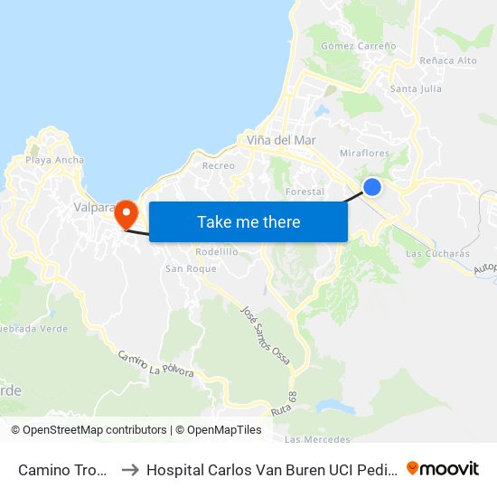 Camino Troncal to Hospital Carlos Van Buren UCI Pediatrica map