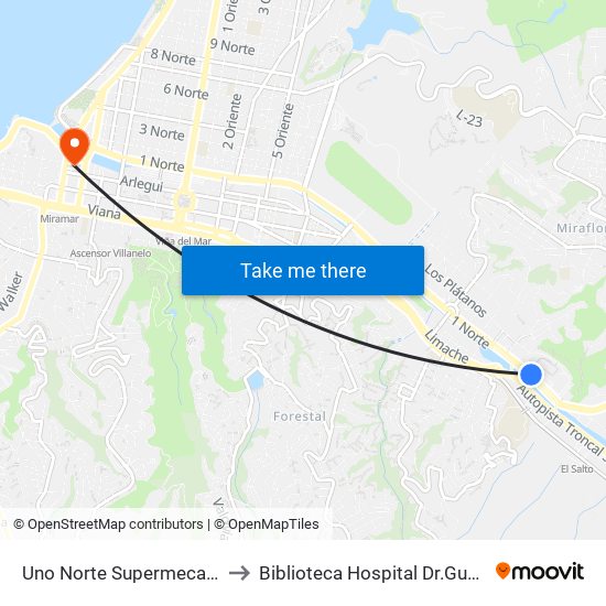 Uno Norte Supermecado Jumbo to Biblioteca Hospital Dr.Gustavo Fricke map