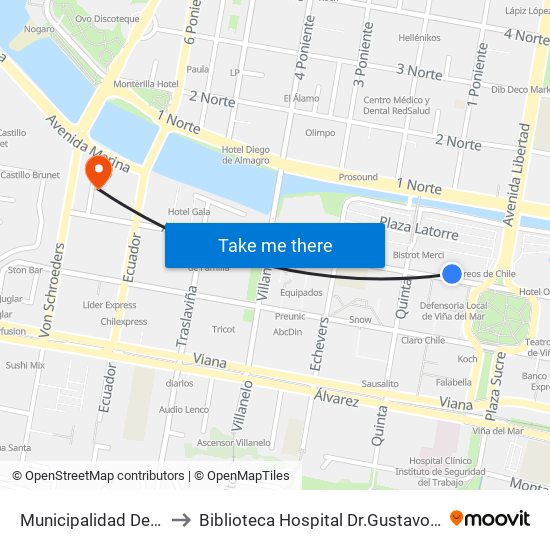 Municipalidad De Viña to Biblioteca Hospital Dr.Gustavo Fricke map