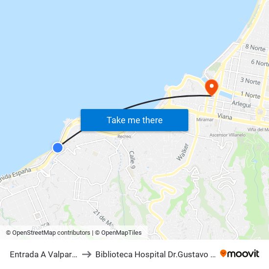 Entrada A Valparaiso to Biblioteca Hospital Dr.Gustavo Fricke map