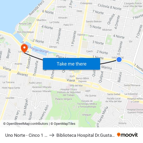 Uno Norte - Cinco 1 / 2 Ote to Biblioteca Hospital Dr.Gustavo Fricke map