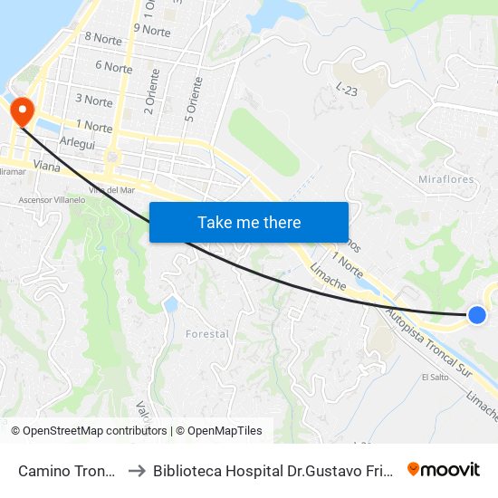 Camino Troncal to Biblioteca Hospital Dr.Gustavo Fricke map