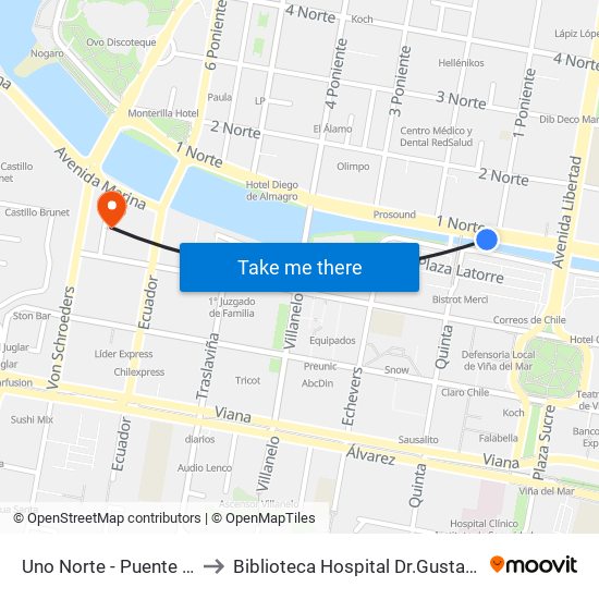 Uno Norte - Puente Quinta to Biblioteca Hospital Dr.Gustavo Fricke map