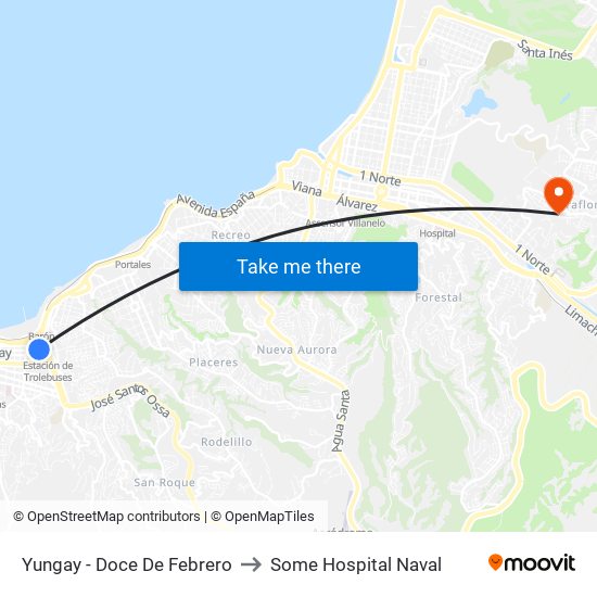 Yungay - Doce De Febrero to Some Hospital Naval map