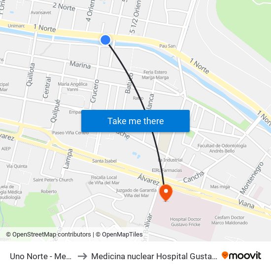 Uno Norte - Mercado to Medicina nuclear Hospital Gustavo Fricke map