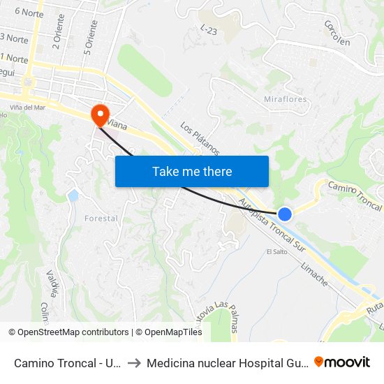 Camino Troncal - Uno Norte to Medicina nuclear Hospital Gustavo Fricke map