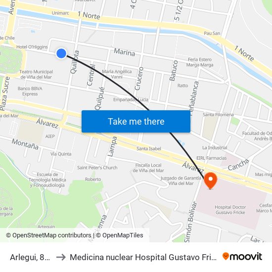 Arlegui, 861 to Medicina nuclear Hospital Gustavo Fricke map