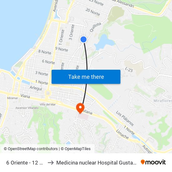 6 Oriente - 12 Norte to Medicina nuclear Hospital Gustavo Fricke map