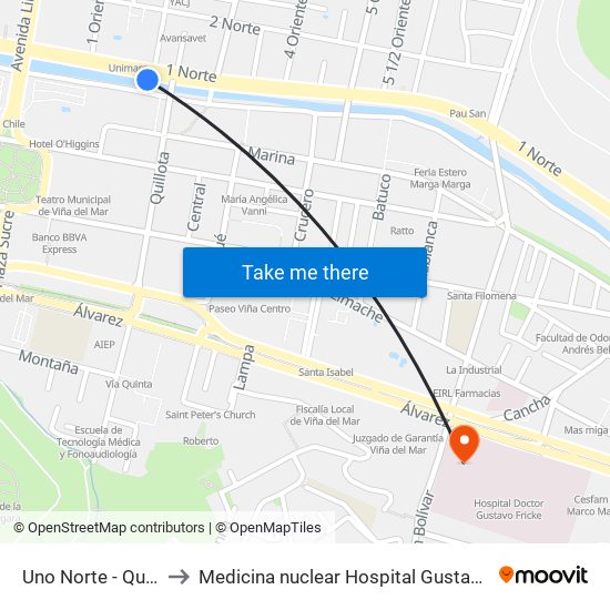Uno Norte - Quillota to Medicina nuclear Hospital Gustavo Fricke map
