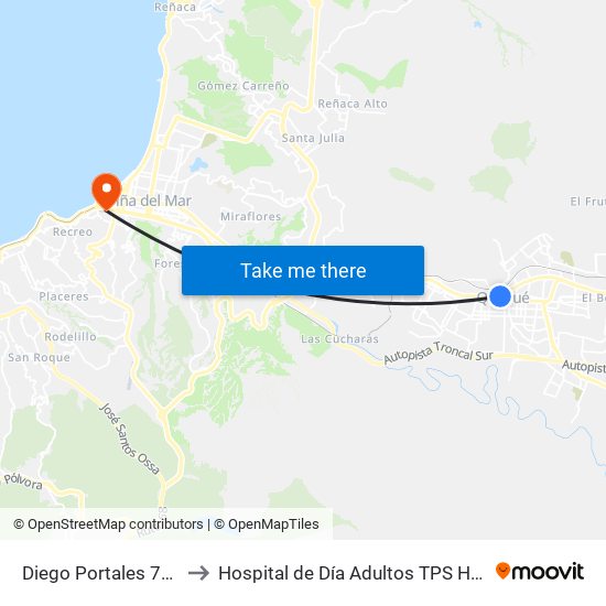 Diego Portales 754 to Hospital de Día Adultos TPS HGF map