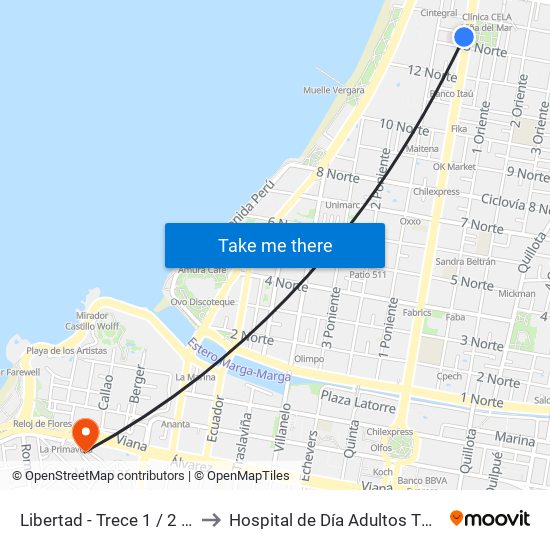 Libertad - Trece 1 / 2 Norte to Hospital de Día Adultos TPS HGF map