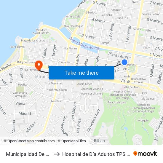 Municipalidad De Viña to Hospital de Día Adultos TPS HGF map