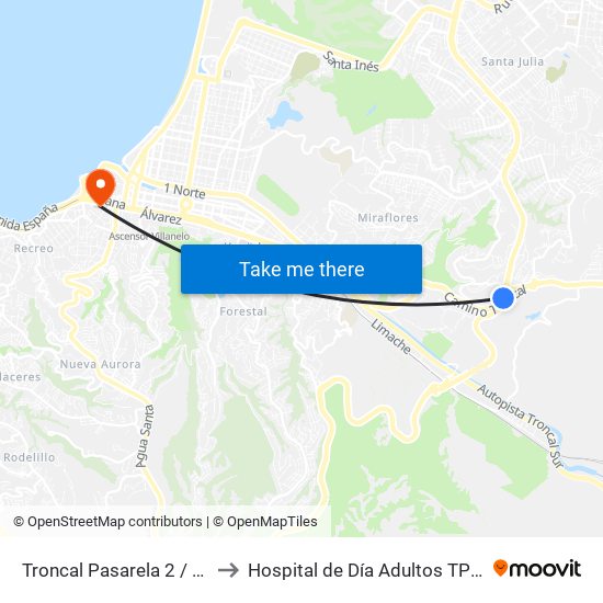 Troncal Pasarela 2 / Norte to Hospital de Día Adultos TPS HGF map