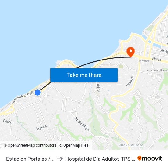 Estacion Portales / Sur to Hospital de Día Adultos TPS HGF map