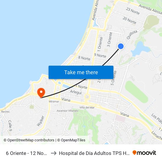 6 Oriente - 12 Norte to Hospital de Día Adultos TPS HGF map