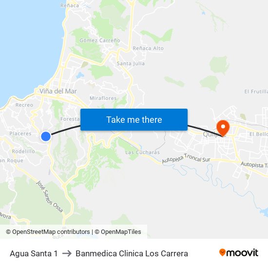 Agua Santa 1 to Banmedica Clinica Los Carrera map