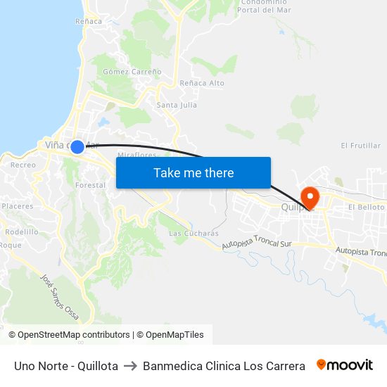 Uno Norte - Quillota to Banmedica Clinica Los Carrera map