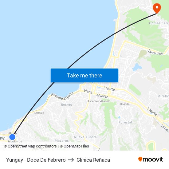 Yungay - Doce De Febrero to Clinica Reñaca map