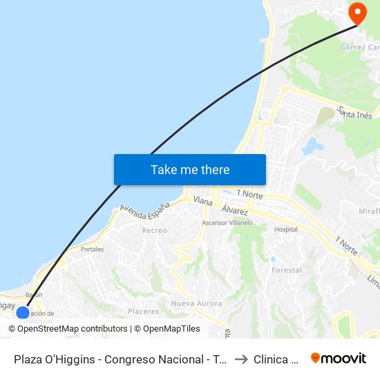 Plaza O'Higgins - Congreso Nacional - Teatro Municipal / Sur to Clinica Reñaca map
