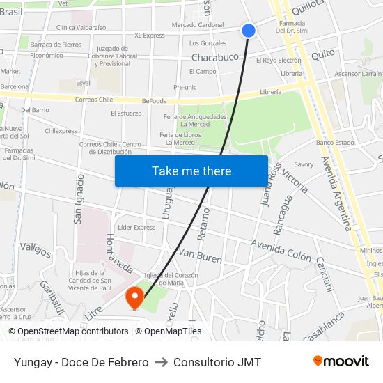 Yungay - Doce De Febrero to Consultorio JMT map
