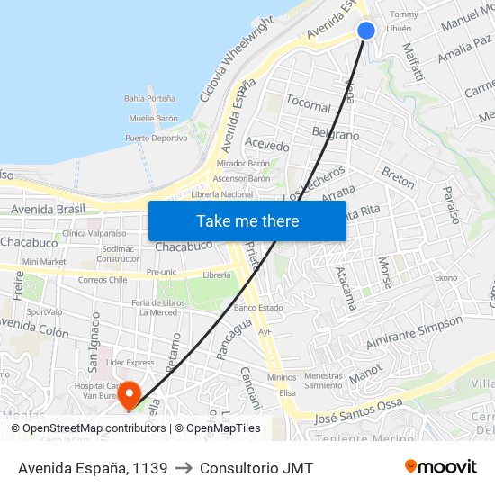 Avenida España, 1139 to Consultorio JMT map