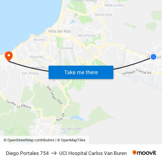 Diego Portales 754 to UCI Hospital Carlos Van Buren map