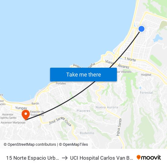 15 Norte Espacio Urbano to UCI Hospital Carlos Van Buren map