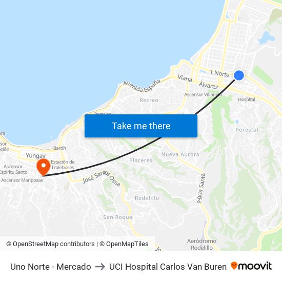 Uno Norte - Mercado to UCI Hospital Carlos Van Buren map