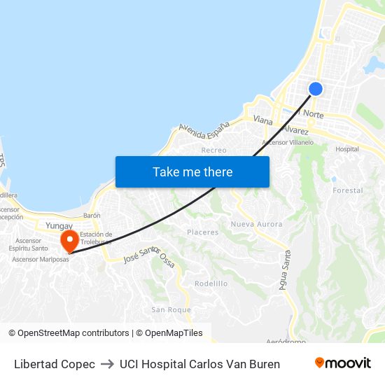 Libertad Copec to UCI Hospital Carlos Van Buren map