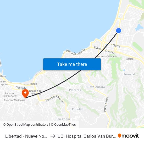 Libertad - Nueve Norte to UCI Hospital Carlos Van Buren map