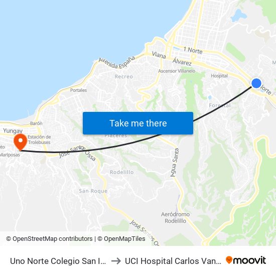Uno Norte Colegio San Ignacio to UCI Hospital Carlos Van Buren map