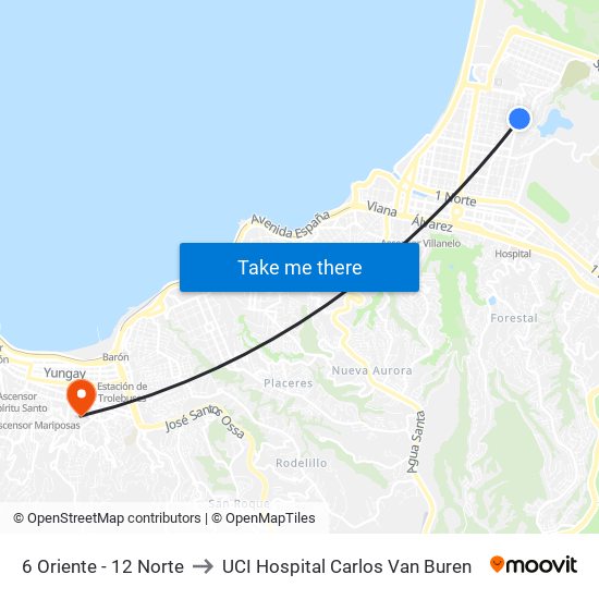 6 Oriente - 12 Norte to UCI Hospital Carlos Van Buren map