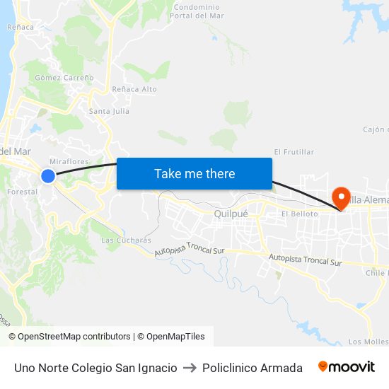 Uno Norte Colegio San Ignacio to Policlinico Armada map