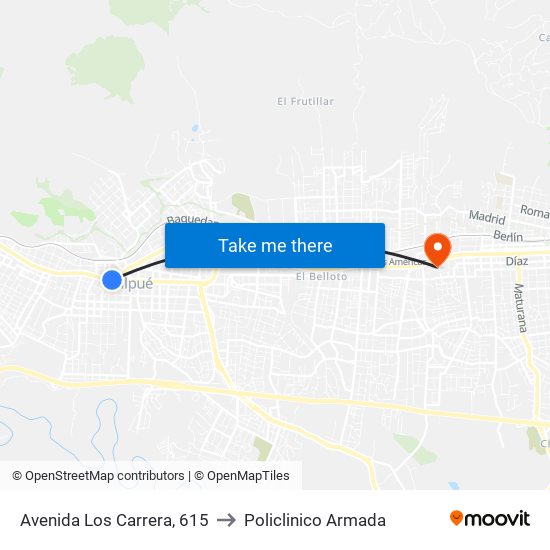 Avenida Los Carrera, 615 to Policlinico Armada map