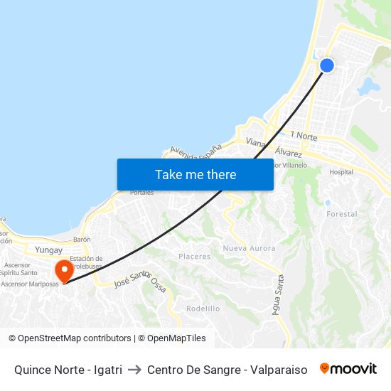 Quince Norte - Igatri to Centro De Sangre - Valparaiso map