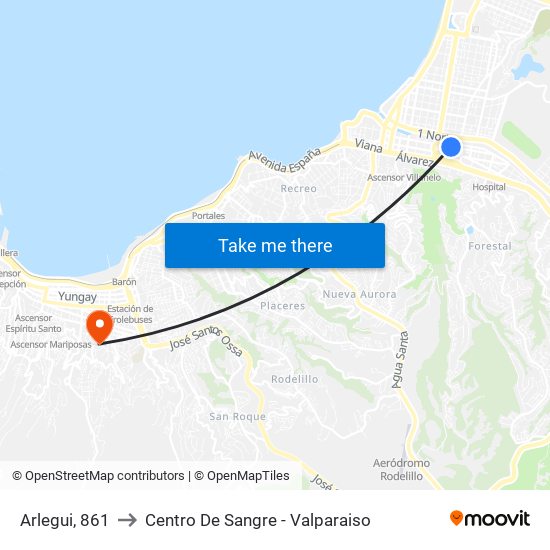 Arlegui, 861 to Centro De Sangre - Valparaiso map