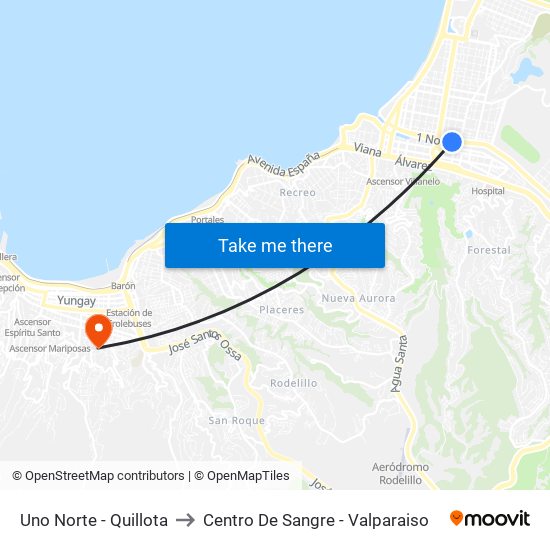 Uno Norte - Quillota to Centro De Sangre - Valparaiso map